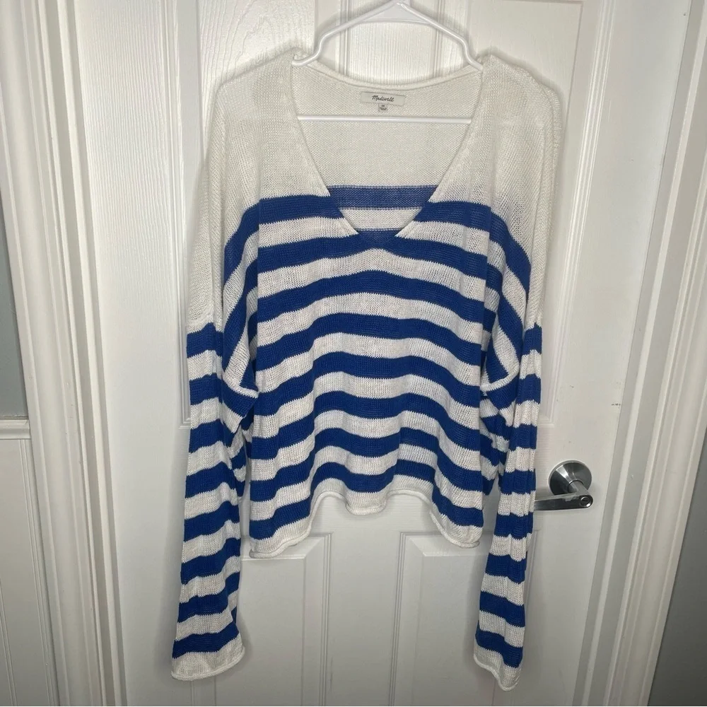 Madewell Linen V-Neck Sweater Beach Vacation Preppy in Sapphire Blue Stripe 2X